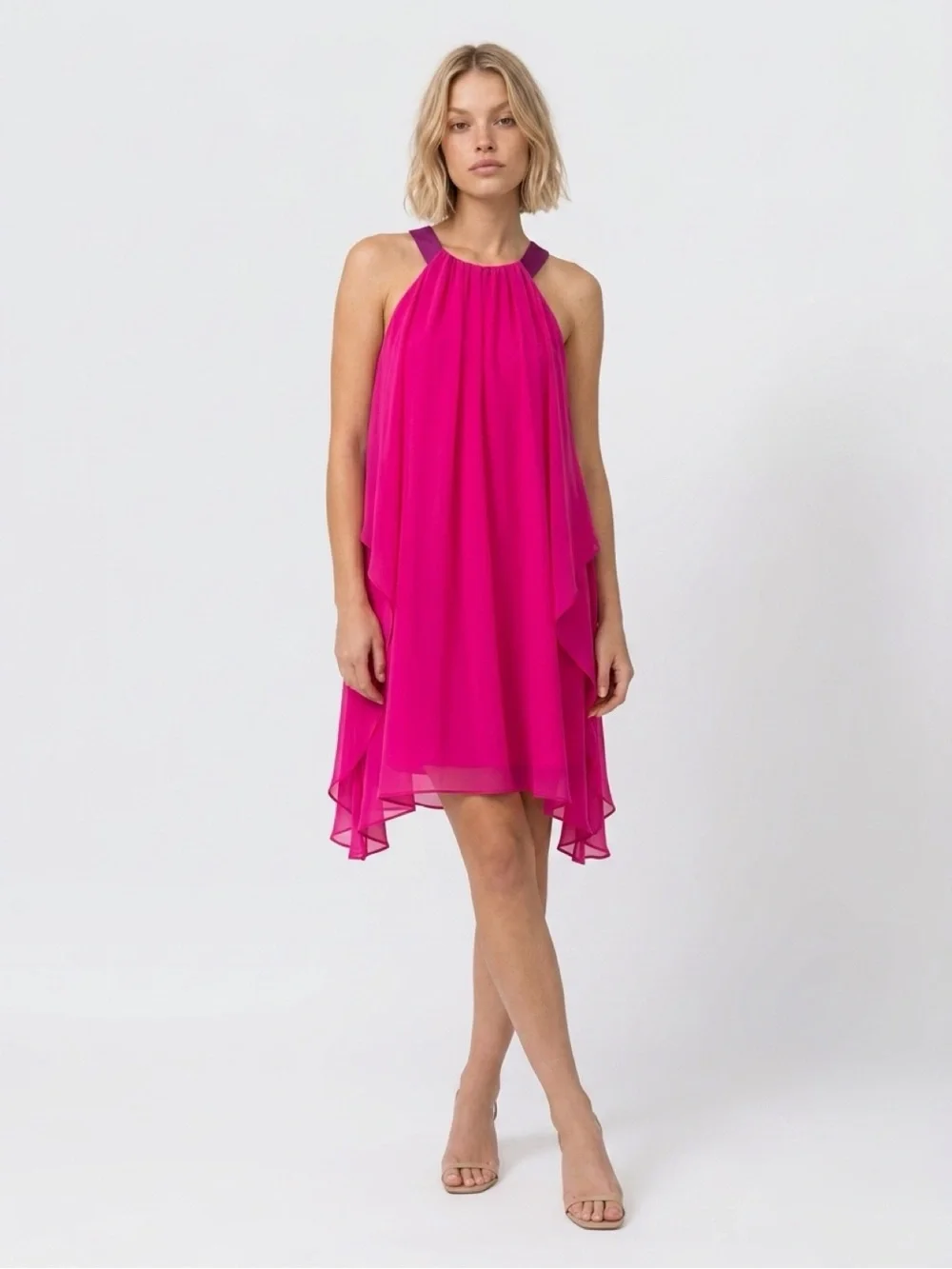 Badgley Mischka Fuchsia Halter Chiffon Cocktail Dress Size 6